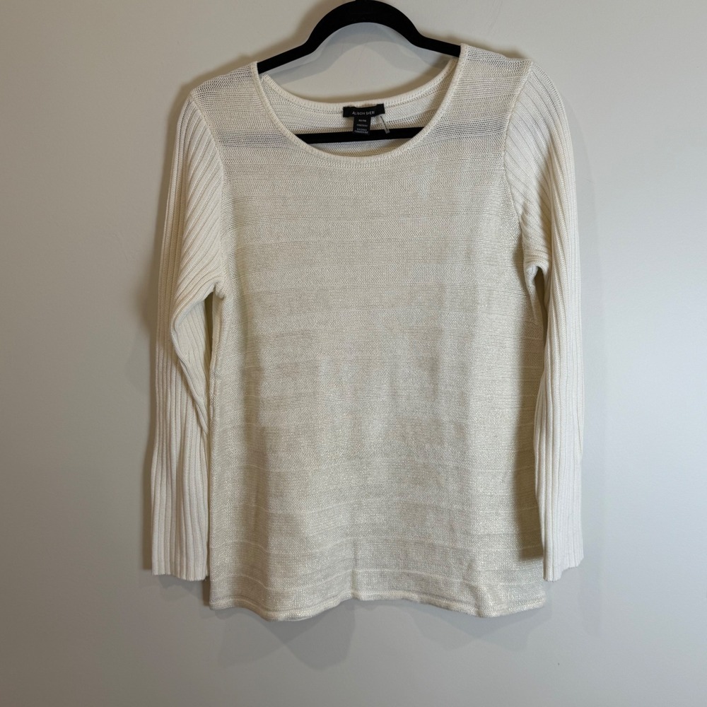 Alison Sheri Cream Sparkle Knit Sweater Top M/M Long Sleeve Textured Casual
